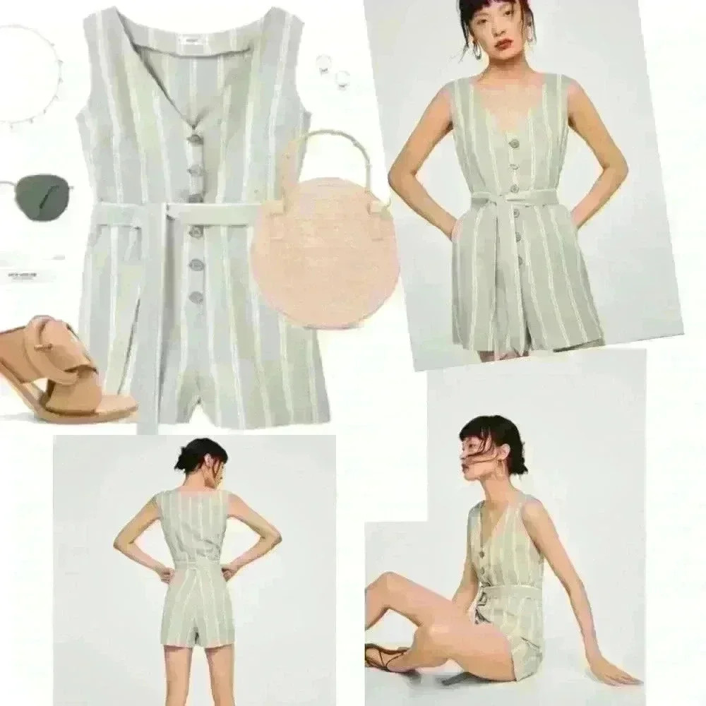 MANGO Striped Linen Jumpsuit Gray White Belted  Romper Pockets Sleeveless Size M